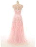 Pink Tulle Lace V Neck Long Prom Dress